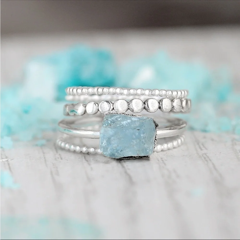 Sterling Silver Stackable Ring set raw Aquamarine size 6 gorgeous!!